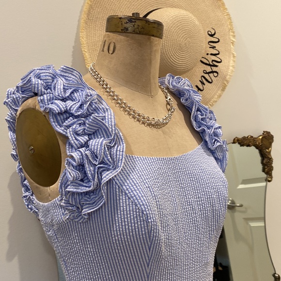 Eliza J Ruffle strap sheath dress striped seersucker size 4 - Picture 3 of 13